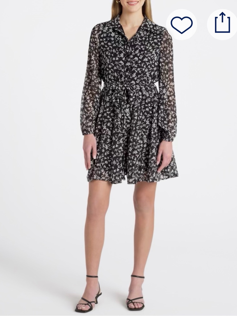 Vero Moda Black and White Floral Button-Front Long Sleeve Tie-Waist Dress